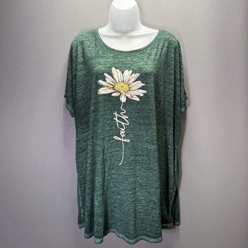 Women’s Joei and I Plus Size 3X Green Short Sleeve Top Metallic Sunflower